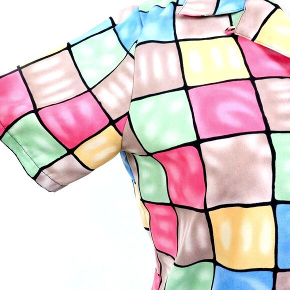 Vintage Checkered Size M 90's Button Up Shirt Bright Pastels Novelty - Picture 8 of 9